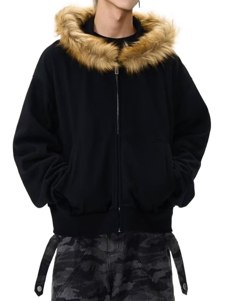RSGMU Men Hoodie Zip Up Y2k Zip Up Hoodie Fur Hooded Jacket RSGMU Men Hoodie Zip Up Y2k Zip Up Hoodie Fur Hooded Jacket